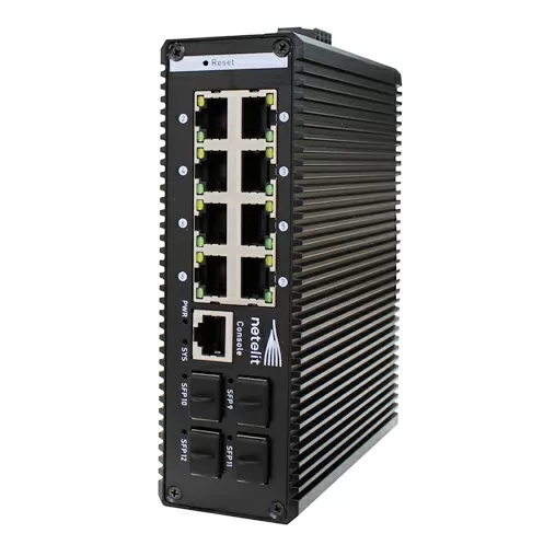 Промышленный управляемый коммутатор NETELIT, L2, 8 портов 10/100/1000Base-T, 4 порта 100/1000Base-X SFP