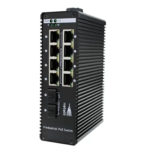 Промышленный управляемый коммутатор NETELIT, L2, 8 портов 10/100/1000Base-T, 2 порта 100/1000Base-X SFP